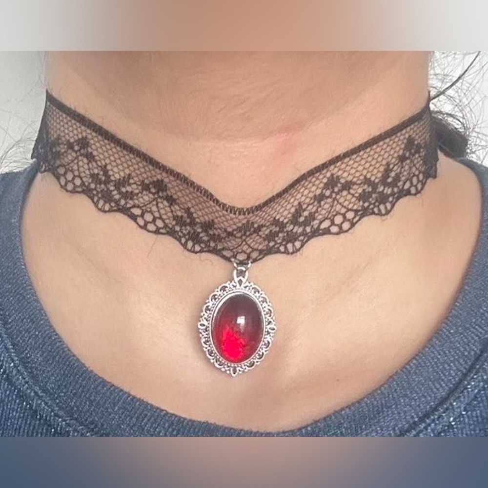 Elegant Black Lace Choker Necklace with Red Gemstone